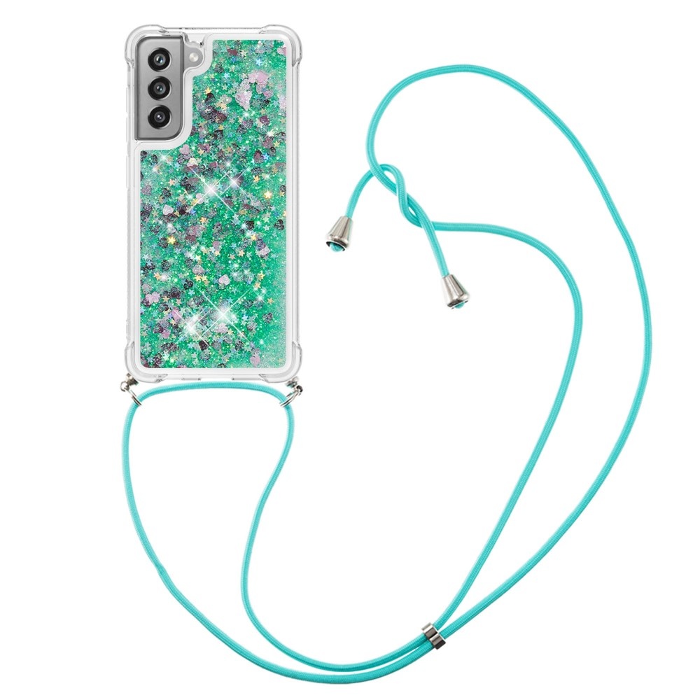 Samsung Galaxy S21 FE Backcover hoes Glitter Groen met koord