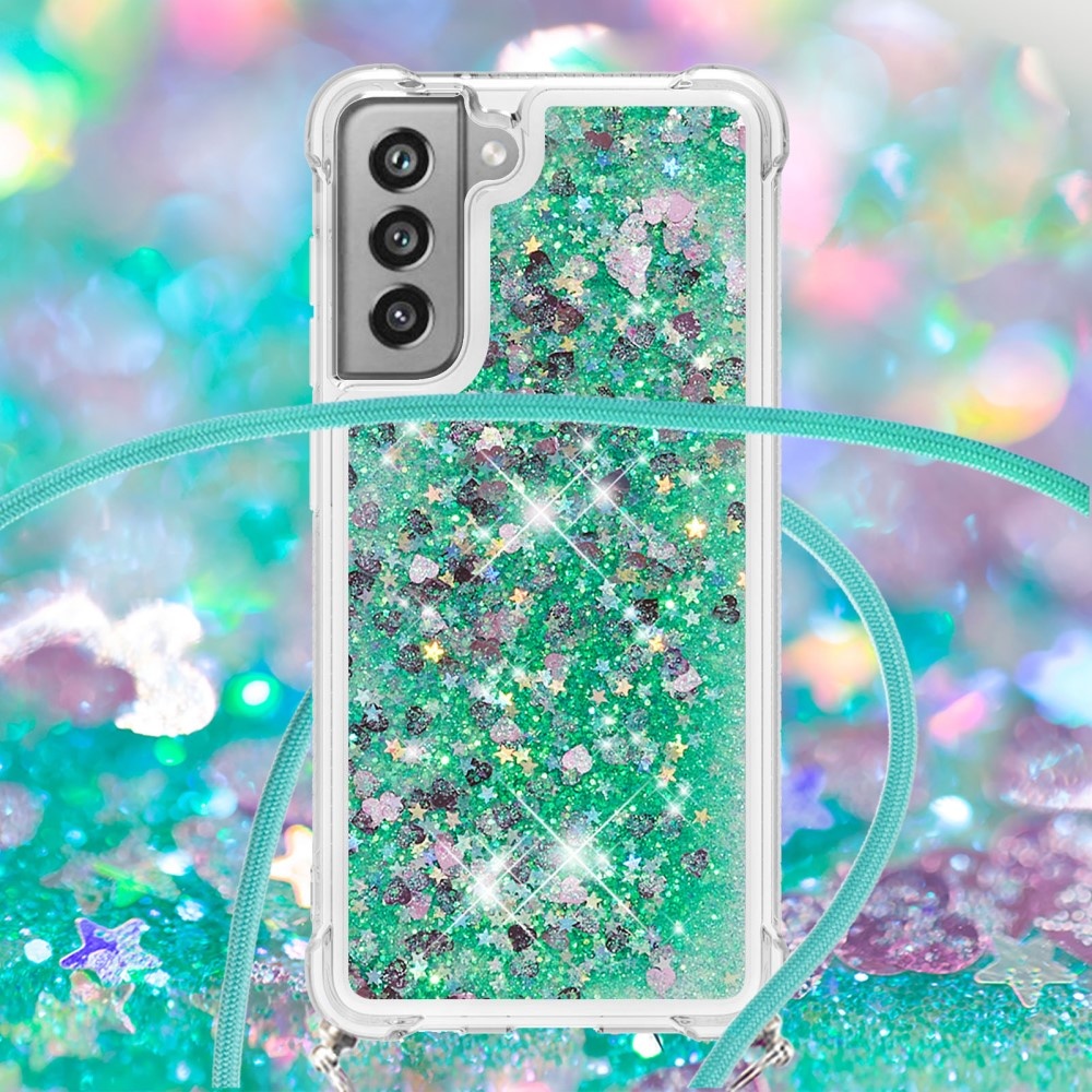 Samsung Galaxy S21 FE Backcover hoes Glitter Groen met koord