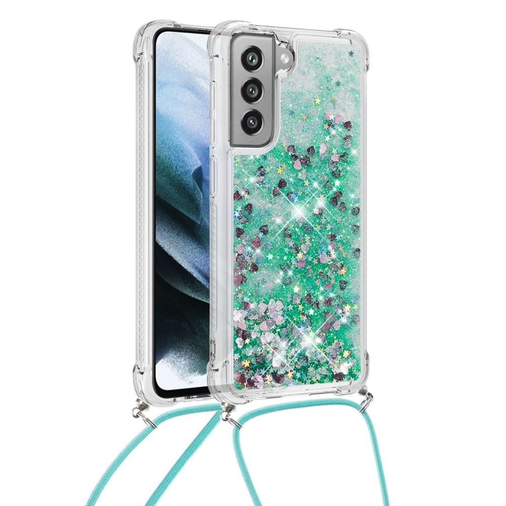 Samsung Galaxy S21 FE Backcover hoes Glitter Groen met koord
