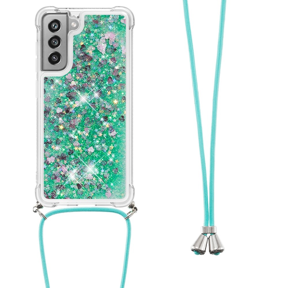 Samsung Galaxy S21 FE Backcover hoes Glitter Groen met koord