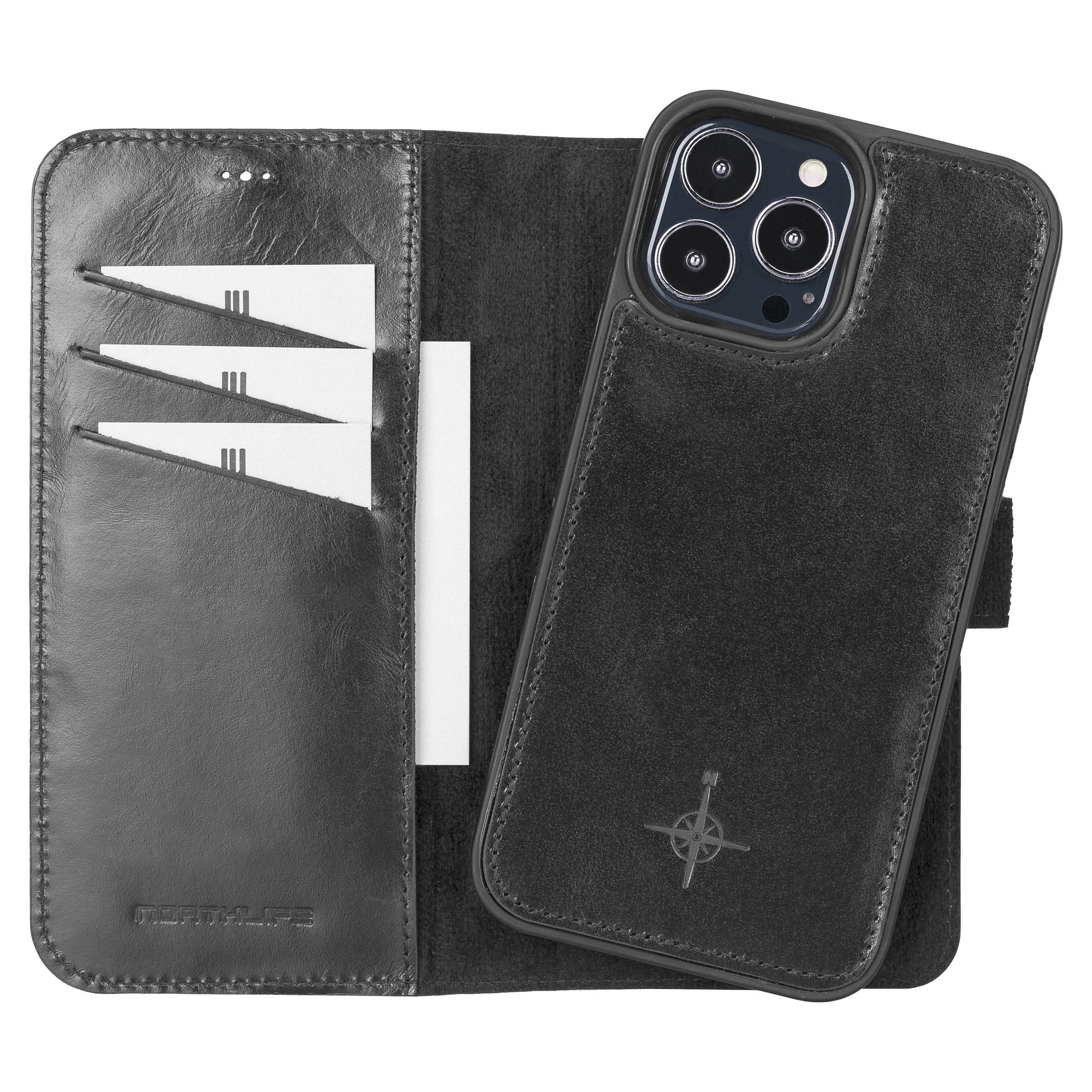 iPhone 13 Pro Max lederen afneembare 2-in-1 bookcase hoes - Zwart