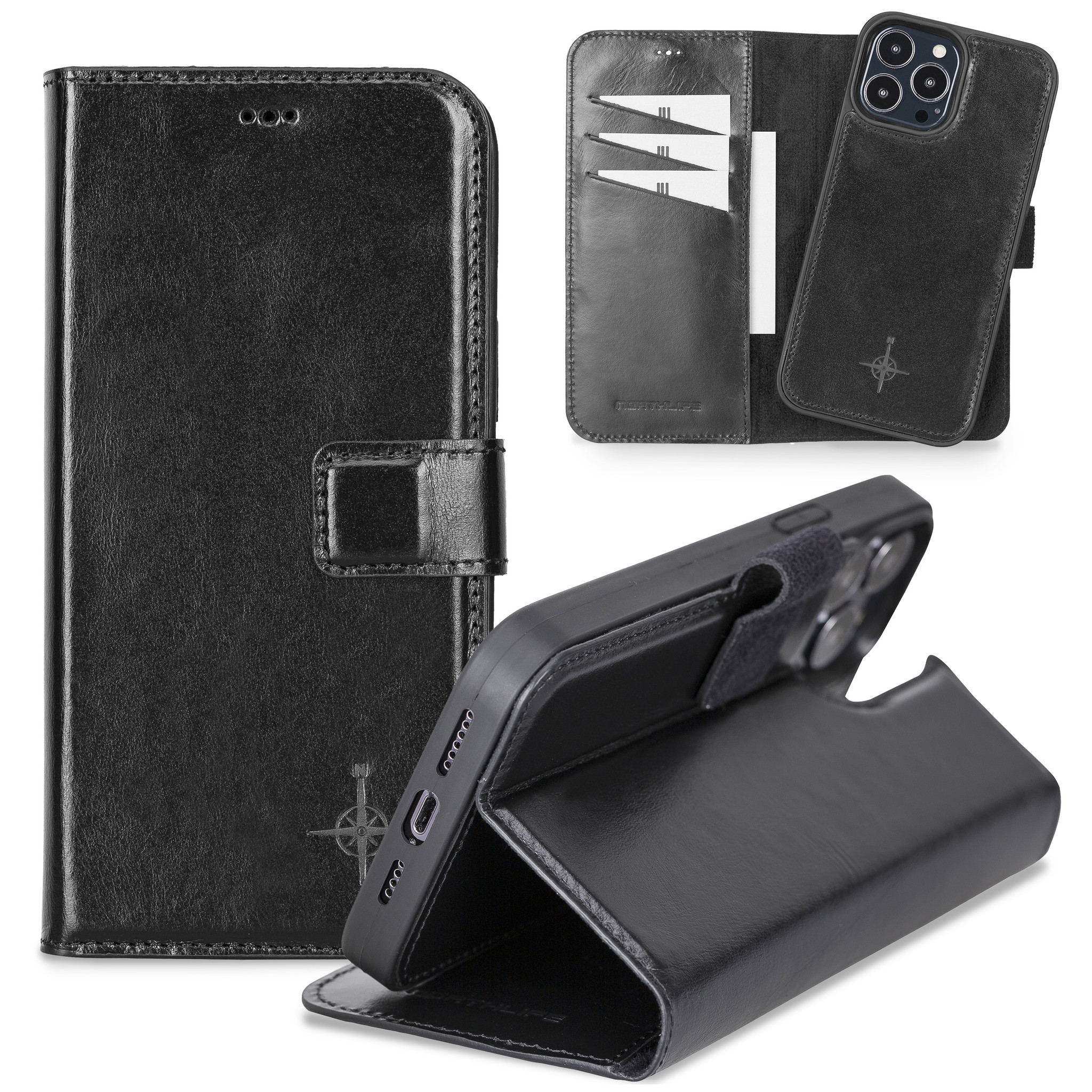 iPhone 13 Pro Max lederen afneembare 2-in-1 bookcase hoes - Zwart