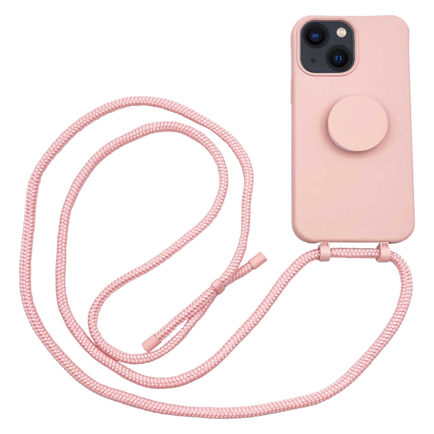 iPhone 13 Mini Telefoonhoes met koord en handige Socket Houder Roze