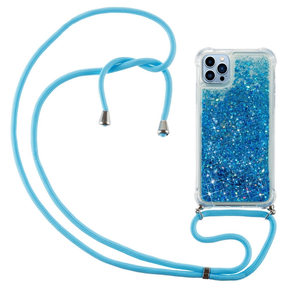 iPhone 14 Pro Backcover hoes Glitter Blauw met koord