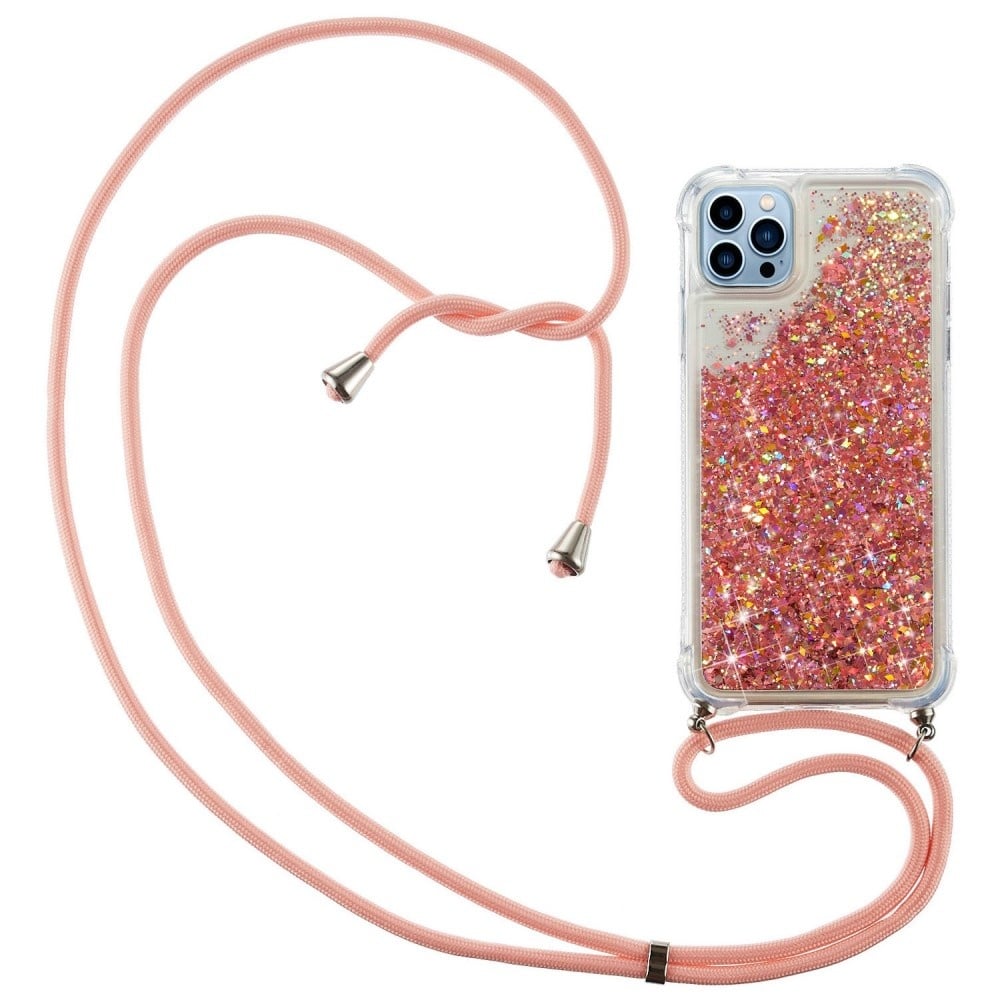 Lunso - Backcover hoes met koord - iPhone 14 Pro - Glitter Rose Goud