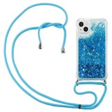 iPhone 14 Plus Backcover hoes Glitter Blauw met koord
