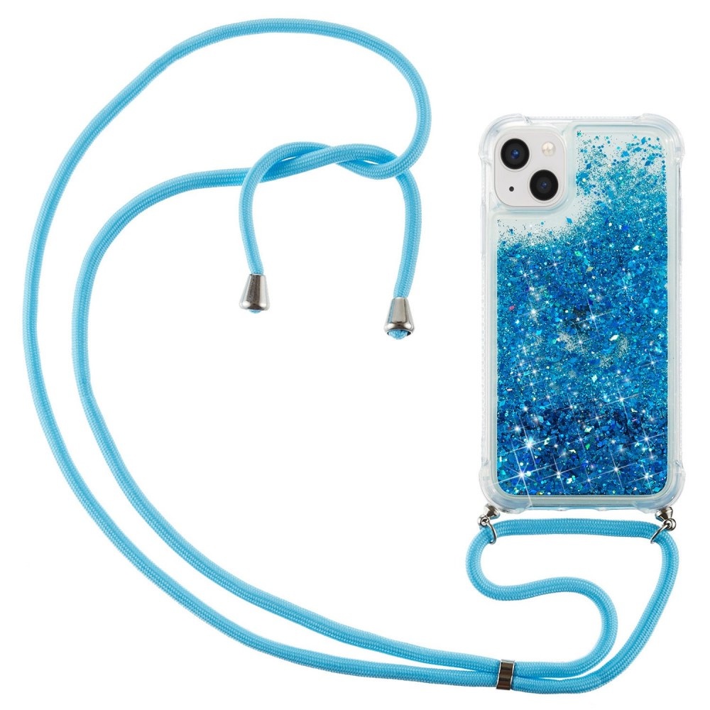 iPhone 14 Plus Backcover hoes Glitter Blauw met koord