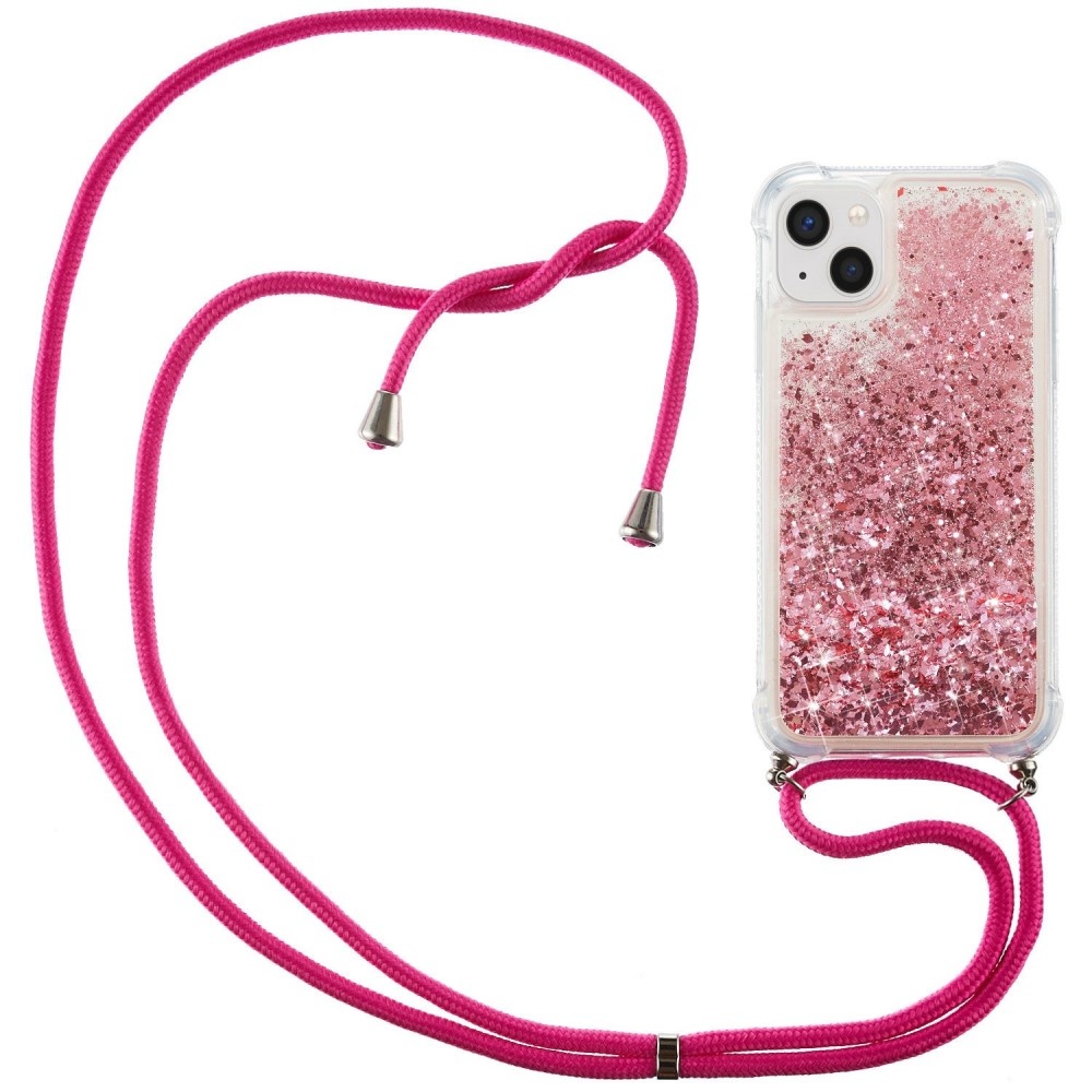 iPhone 14 Plus Backcover hoes Glitter Roze met koord