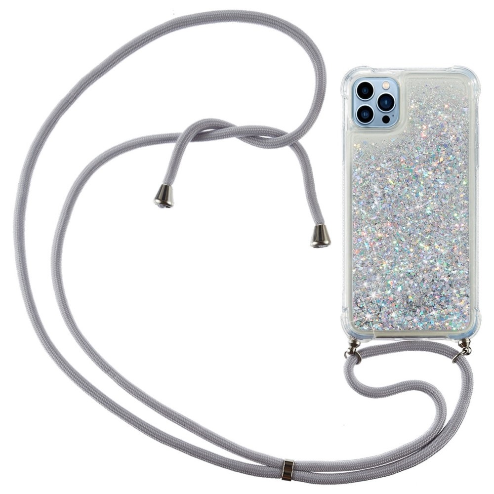 iPhone 14 Pro Max Backcover hoes Glitter Zilver met koord