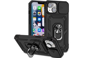 Lunso - Armor backcover hoes met ringhouder - iPhone 14 - Zwart