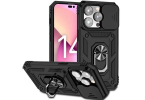 Lunso - Armor backcover hoes met ringhouder - iPhone 14 Pro - Zwart