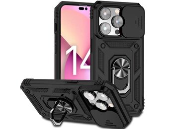 Lunso - Armor backcover hoes met ringhouder - iPhone 14 Pro - Zwart