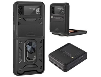 Lunso - Samsung Galaxy Z Flip4 - Armor Guard telefoonhoes met ringhouder - Zwart