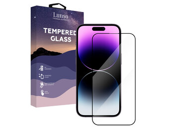 Lunso - iPhone 14 Pro Max - Gehard Beschermglas - Full Cover Screenprotector - Black Edge