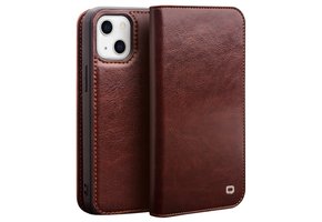 Qialino - iPhone 14 - Leren bookcase hoes - Bruin