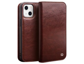 Qialino - iPhone 14 - Leren bookcase hoes - Bruin