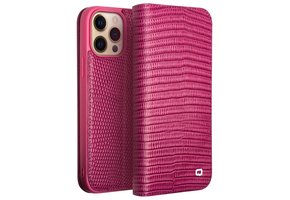 Qialino - iPhone 14 Pro - Leren bookcase hoes - Croco Roze