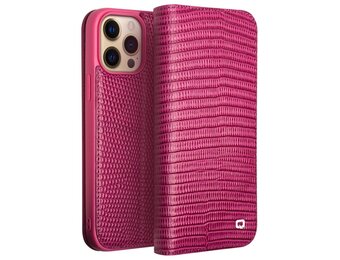 Qialino - iPhone 14 Pro Max - Leren bookcase hoes - Croco Roze