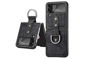 Lunso - Samsung Galaxy Z Flip4 - Kunstleren backcover hoesje met ringhouder - Zwart