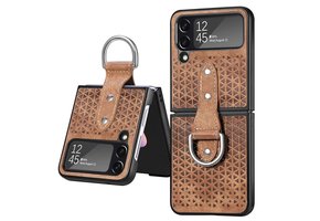 Lunso - Samsung Galaxy Z Flip4 - Kunstleren backcover hoesje met ringhouder - Bruin