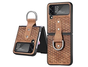 Lunso - Samsung Galaxy Z Flip4 - Kunstleren backcover hoesje met ringhouder - Bruin