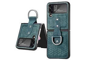 Lunso - Samsung Galaxy Z Flip4 - Kunstleren backcover hoesje met ringhouder - Groen