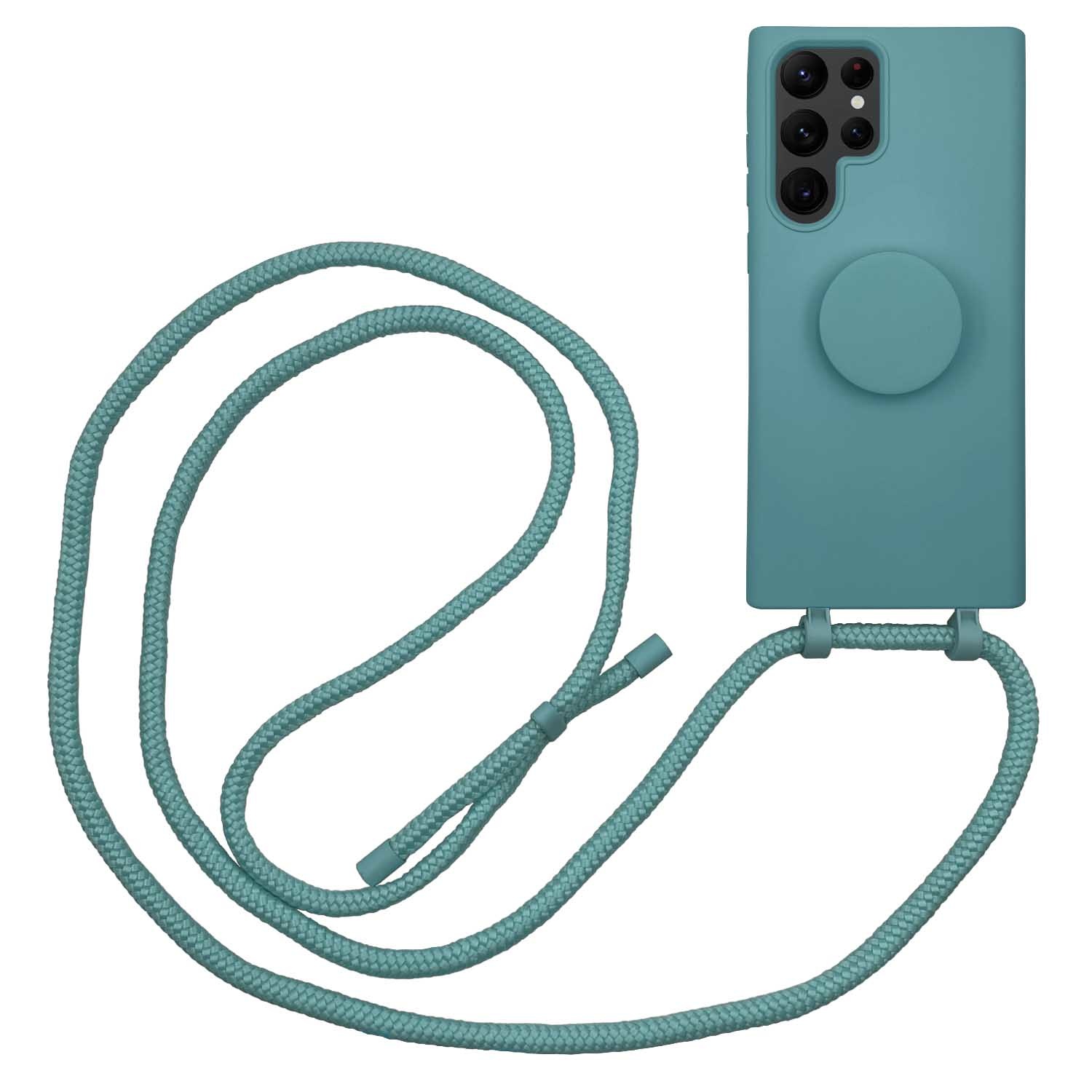 Samsung Galaxy S22 Ultra Telefoonhoes met koord en handige Socket Houder - Donkergroen