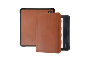 Lunso - Kobo Libra 2 hoes (7 inch) - Lederen sleep cover - Cognac