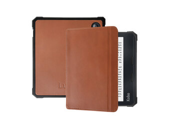 Lunso - Kobo Libra 2 hoes (7 inch) - Lederen sleep cover - Cognac