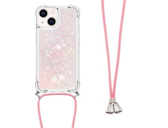 Lunso - Backcover hoes met koord - iPhone 14 - Glitter Rose Zilver