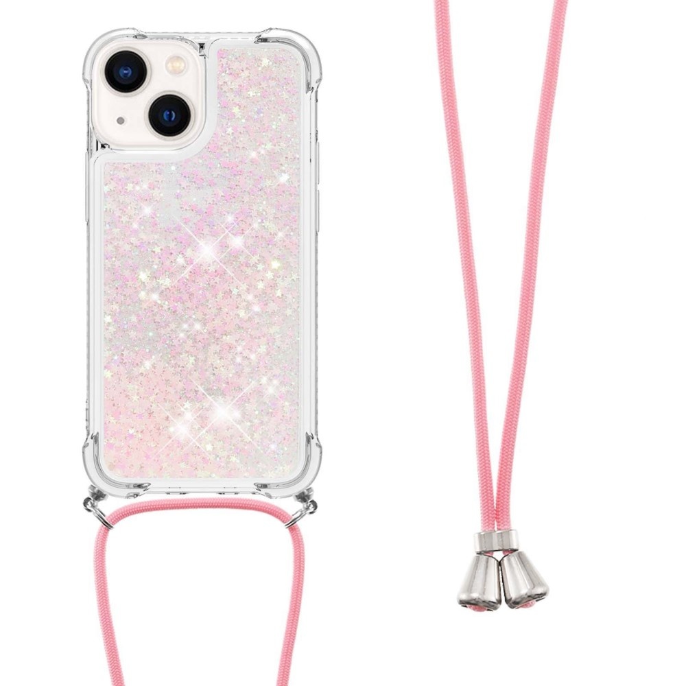Lunso - Backcover hoes met koord - iPhone 14 - Glitter Rose Zilver