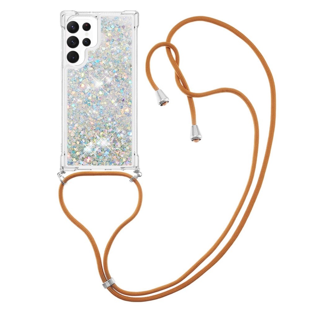 Samsung Galaxy S23 Ultra Telefoonhoes met koord - Glitter Zilver