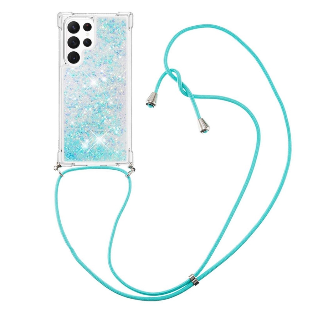 Samsung Galaxy S23 Ultra Telefoonhoes met koord - Glitter Lichtblauw