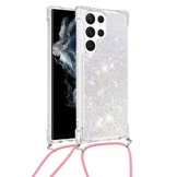 Samsung Galaxy S23 Ultra Telefoonhoes met koord - Glitter Zilver/Roze