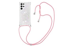 Lunso - Samsung Galaxy S23 Ultra - Telefoonhoes met koord - Glitter Zilver/Roze