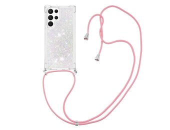 Lunso - Samsung Galaxy S23 Ultra - Telefoonhoes met koord - Glitter Zilver/Roze