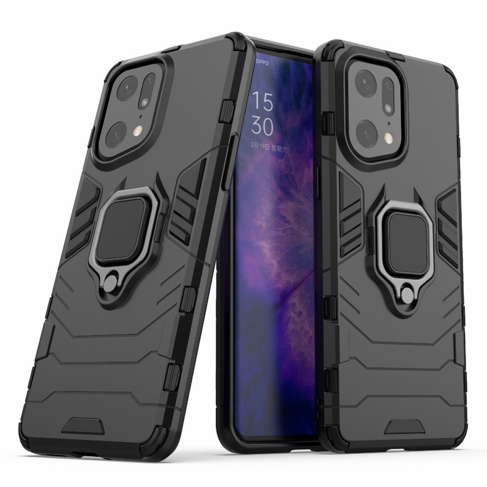 Lunso - Oppo Find X5 Pro - Armor backcover hoes met ringhouder - Zwart