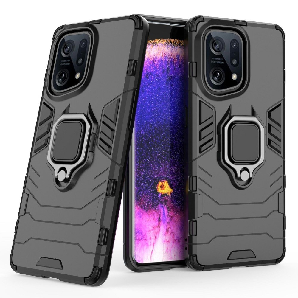 Lunso - Oppo Find X5 - Armor backcover hoes met ringhouder - Zwart