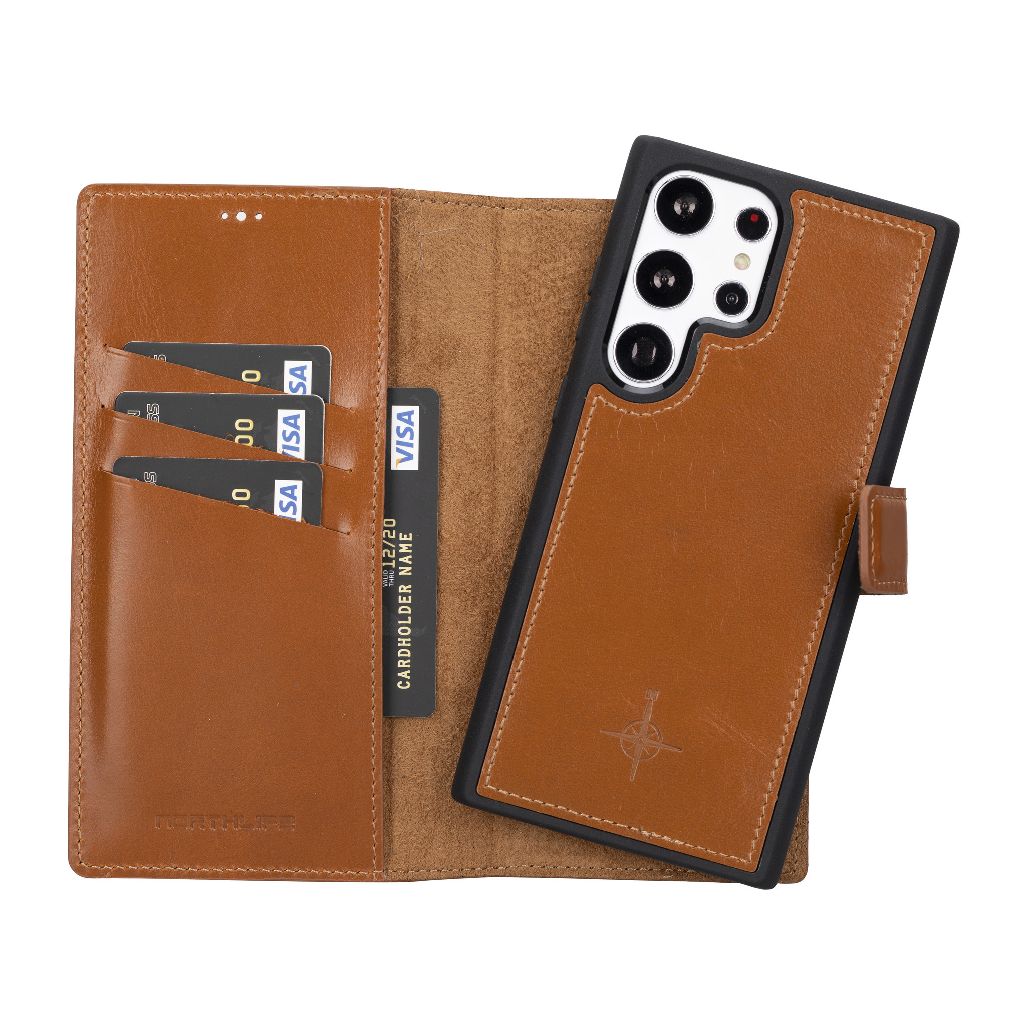 Samsung Galaxy S23 Ultra lederen afneembare 2-in-1 bookcase hoes - Cognac