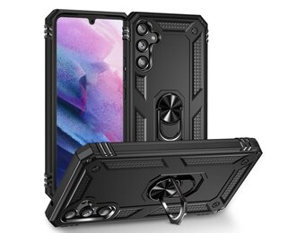 Lunso - Samsung Galaxy A34 - Armor backcover hoes met ringhouder - Zwart