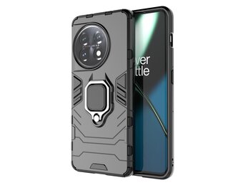 Lunso - OnePlus 11 - Armor backcover hoes met ringhouder - Zwart