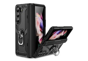 Lunso - Samsung Galaxy Z Fold5 - Armor backcover hoes met ringhouder - Zwart