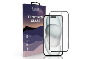 Lunso - iPhone 15 - Gehard Beschermglas - Full Cover Screen protector - Black Edge