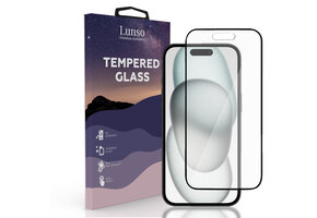 Lunso - iPhone 15 Plus - Gehard Beschermglas - Full Cover Screen protector - Black Edge