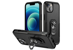 Lunso - iPhone 15 - Armor backcover hoes met ringhouder - Zwart