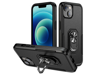 Lunso - iPhone 15 - Armor backcover hoes met ringhouder - Zwart
