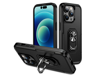 Lunso - iPhone 15 Pro - Armor backcover hoes met ringhouder - Zwart
