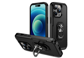 Lunso - iPhone 15 Pro Max - Armor backcover hoes met ringhouder - Zwart