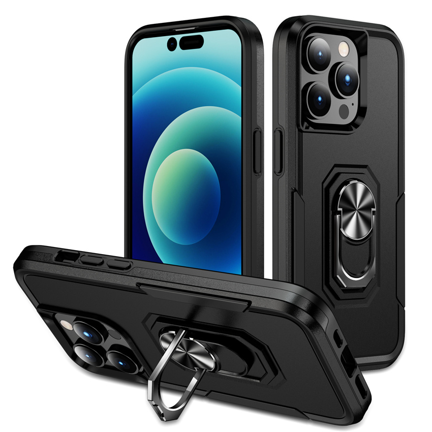 Lunso - iPhone 15 Pro Max - Armor backcover hoes met ringhouder - Zwart