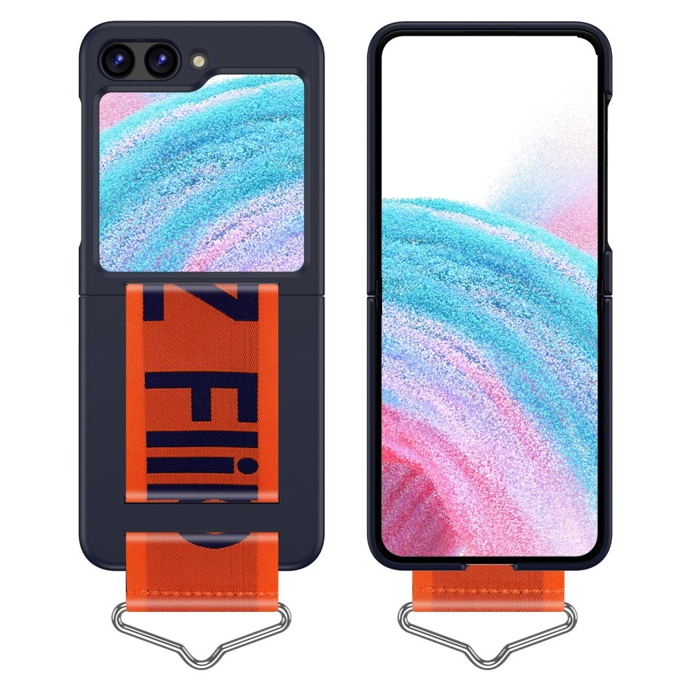 Lunso - Samsung Galaxy Z Flip5 - Hoes met band - Donkerblauw/Oranje